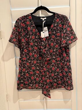 Pleione Black Floral Chiffon Tie-Front Top Blouse - Size Small NWT